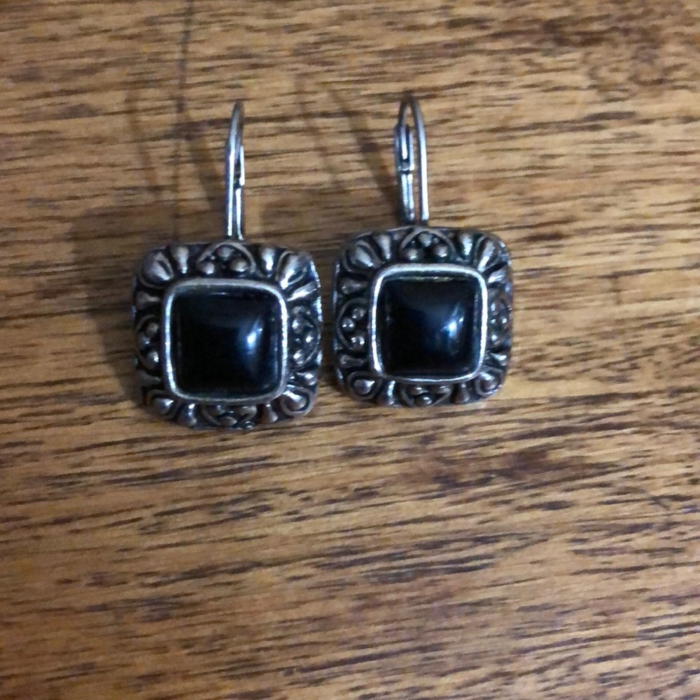 Silver drop earrings with black stones